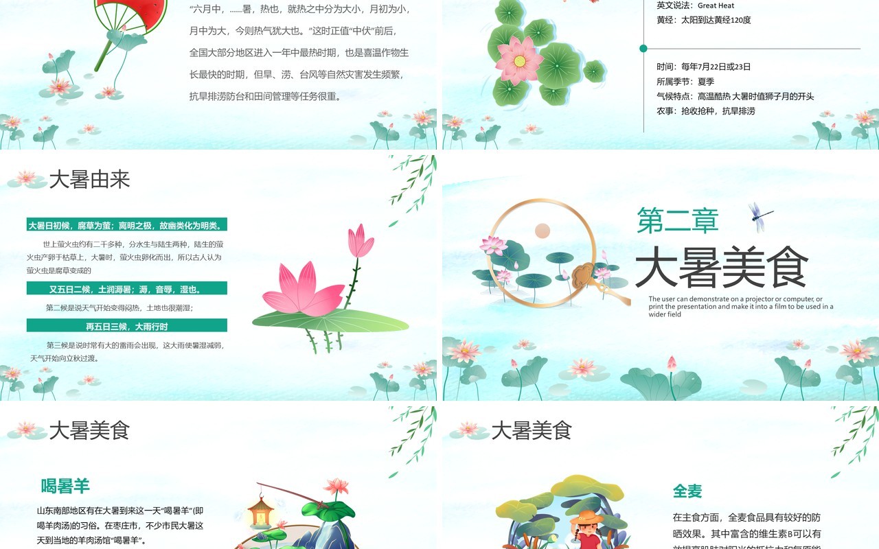 绿色小清新传统节日二十四节气大暑介绍PPT模板(1)
