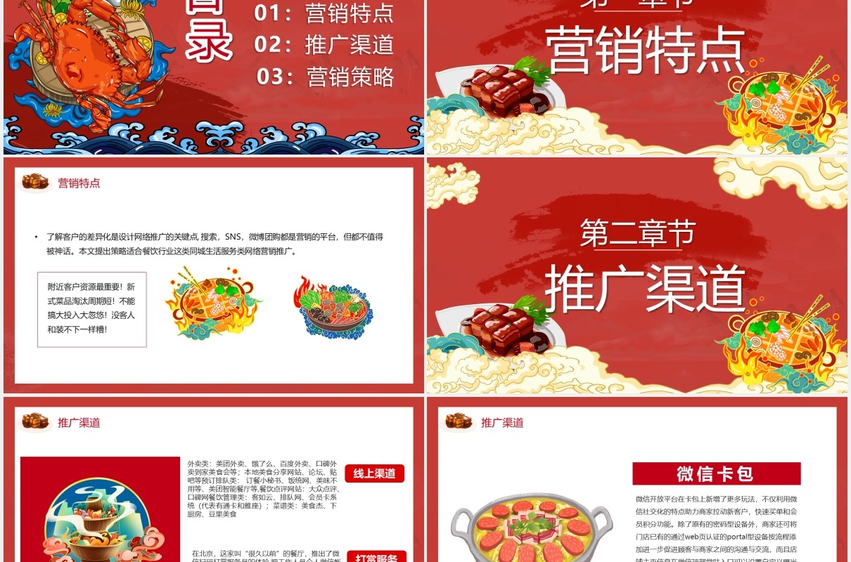 红色国潮风餐饮行业营销推广通用PPT模板