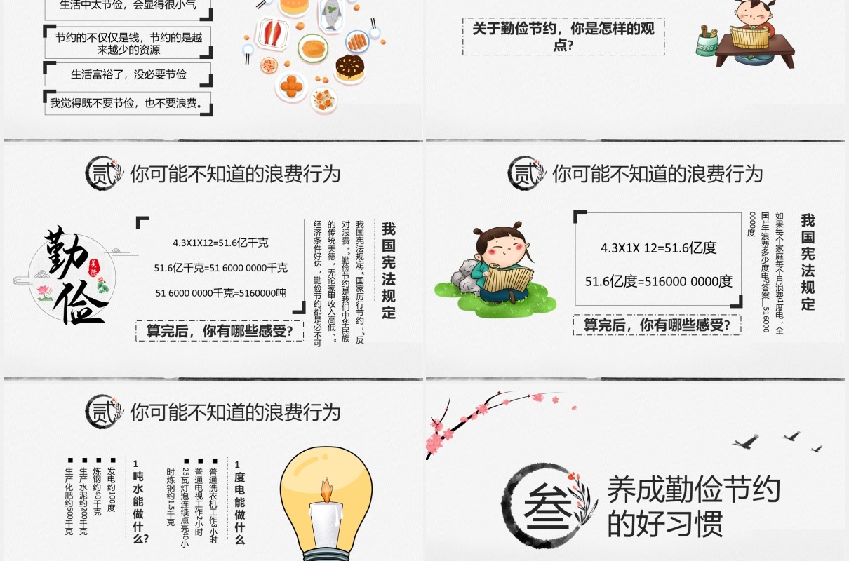 2021中国风水墨勤俭节约传承美德教育培训PPT模板