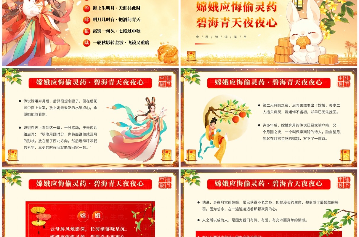 红色中国风中秋节诗词鉴赏班会PPT模板