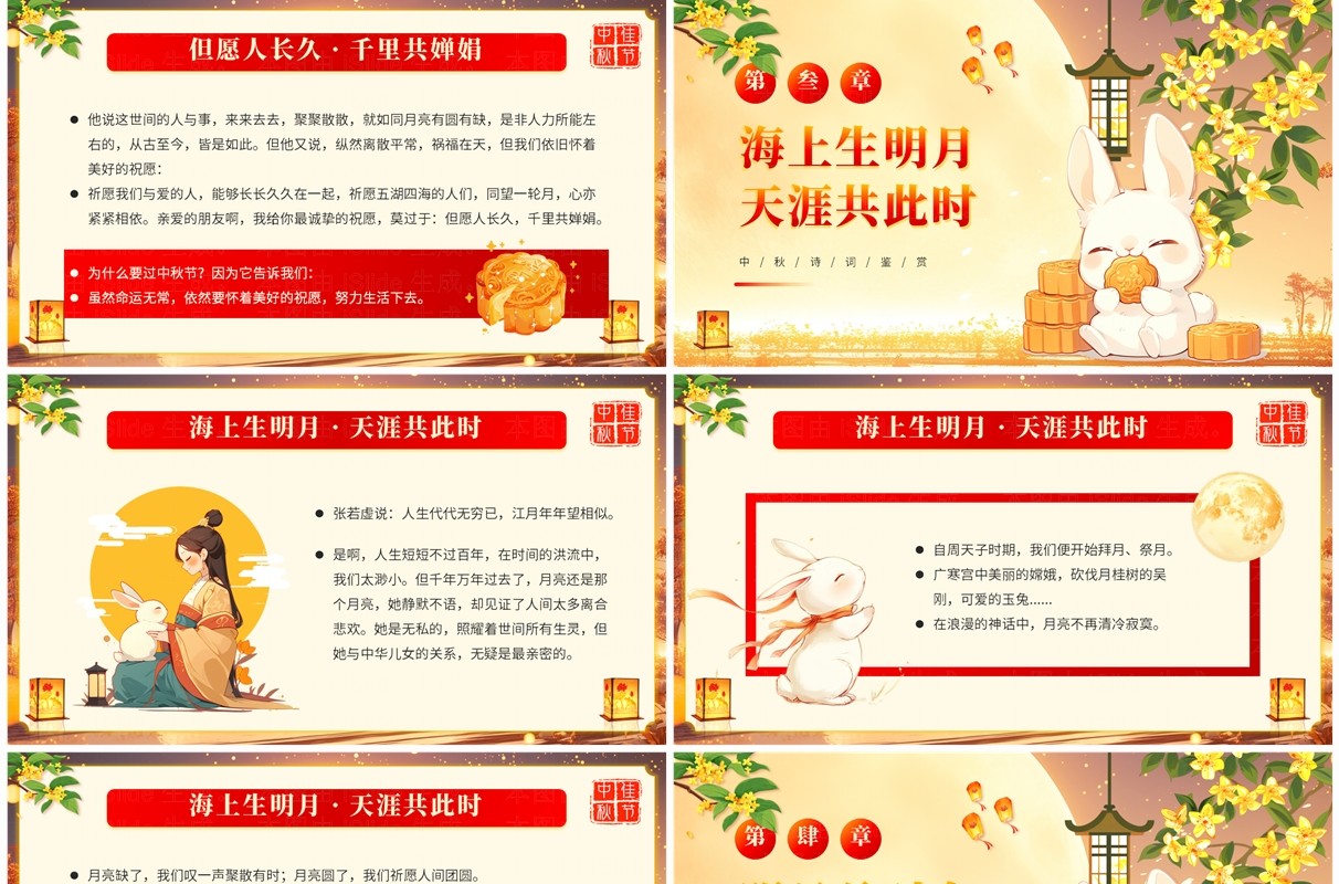 红色中国风中秋节诗词鉴赏班会PPT模板