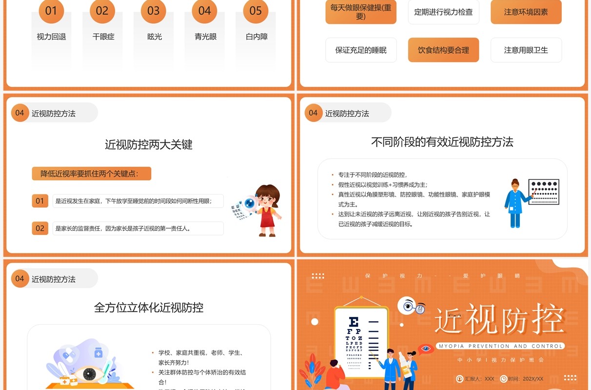 橙色卡通风近视预防健康知识PPT模板