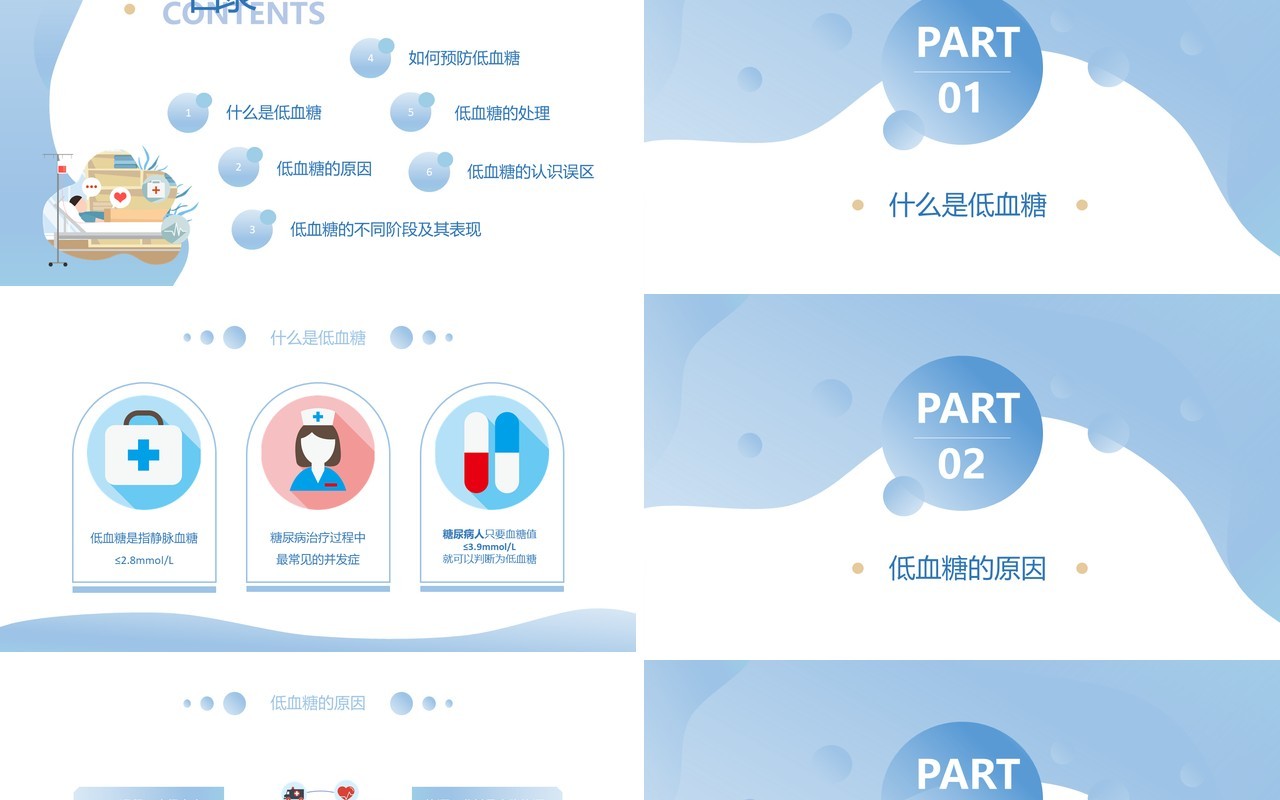 蓝色简约风低血糖症的急救与护理PPT模板