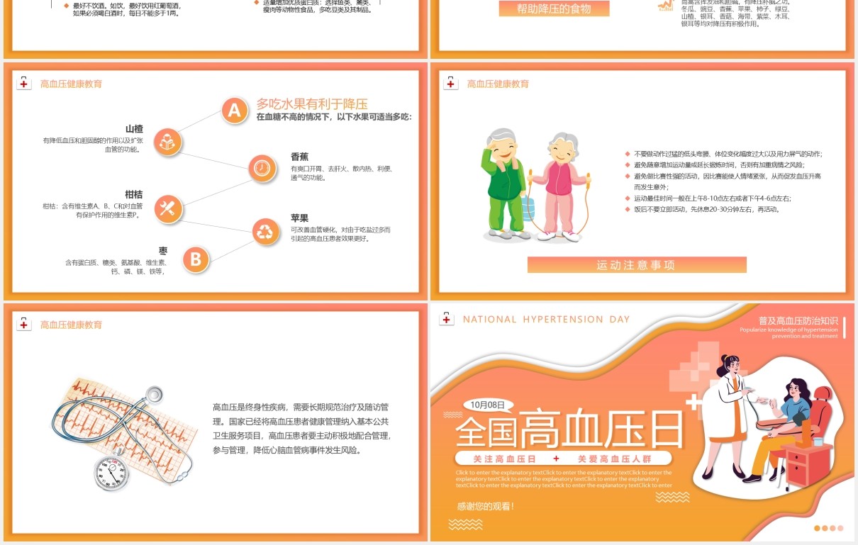 橙色渐变插画卡通全国高血压日医疗医院宣传动态PPT模板