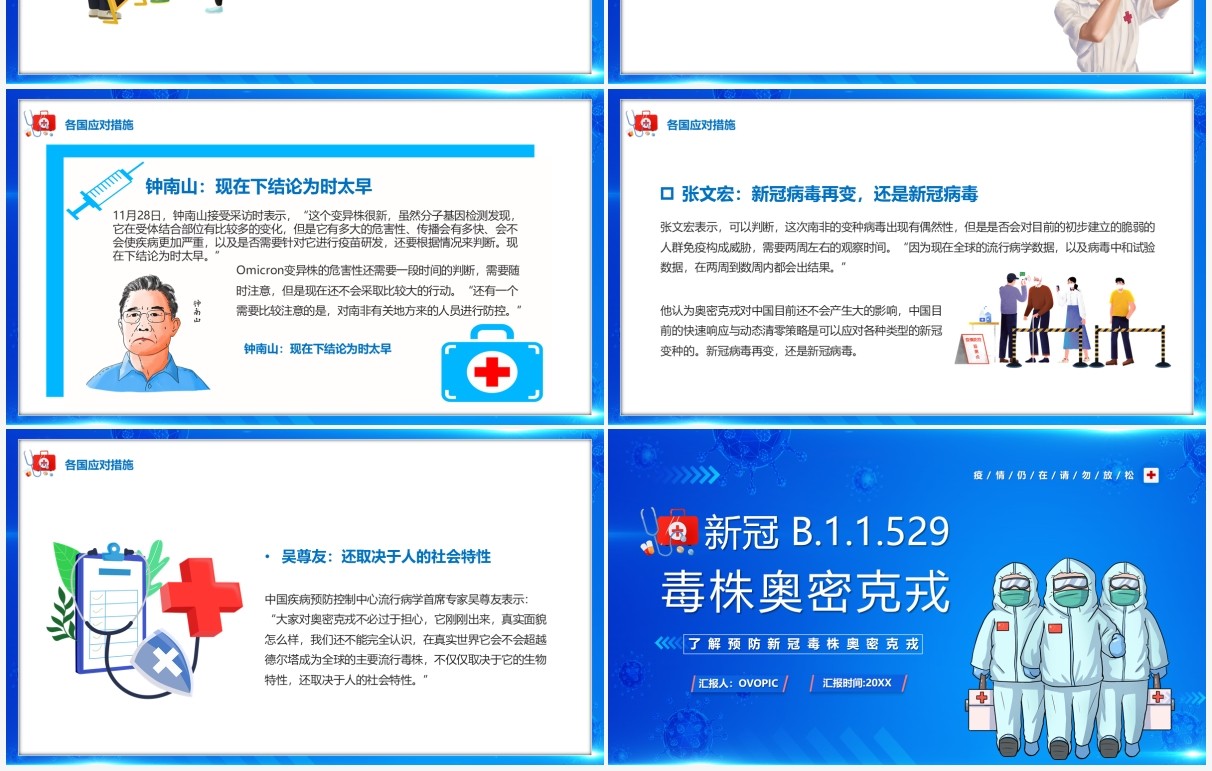 蓝色卡通新冠毒株奥密克戎介绍PPT模板