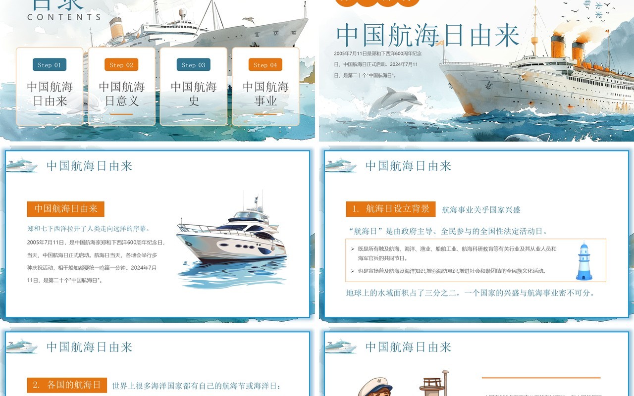 蓝色插画风中国航海日介绍PPT模板(1)