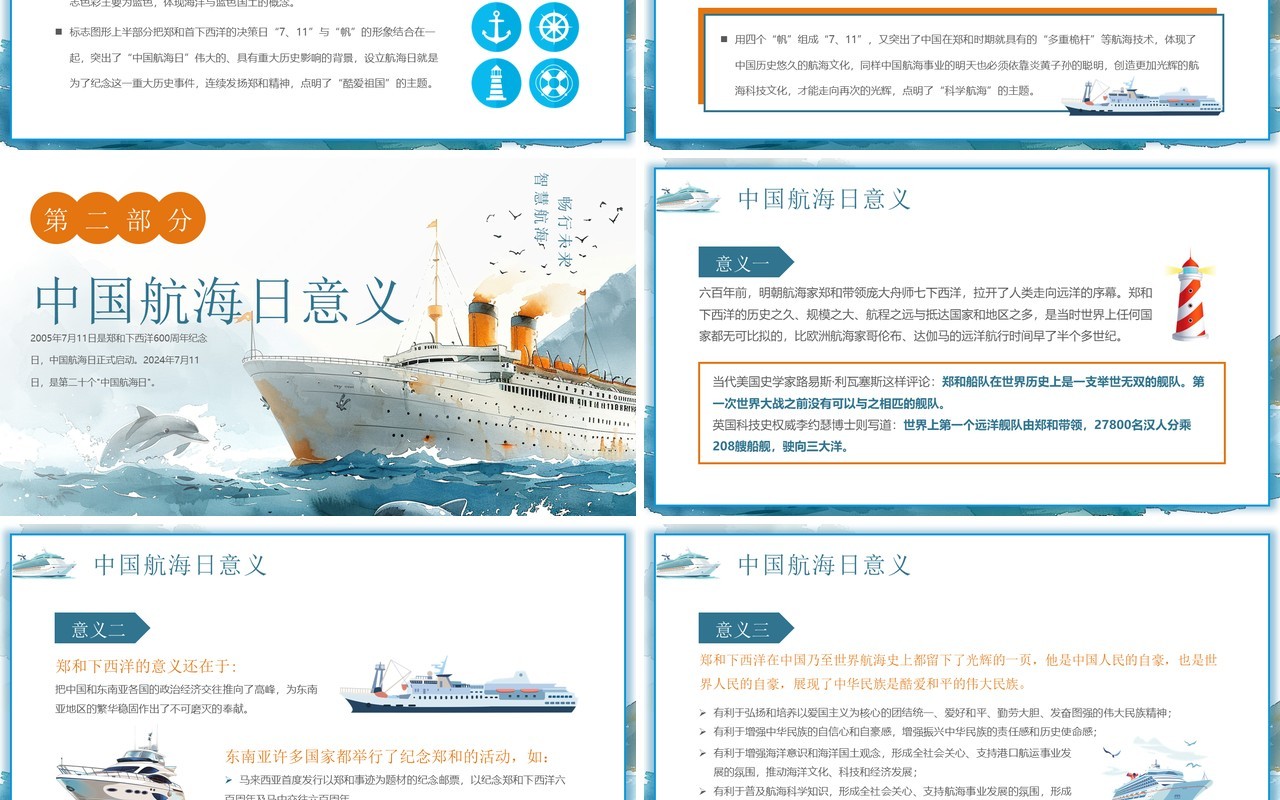 蓝色插画风中国航海日介绍PPT模板(1)