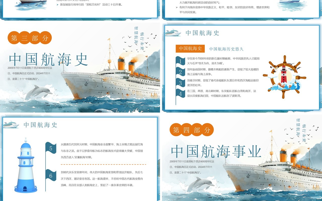 蓝色插画风中国航海日介绍PPT模板(1)