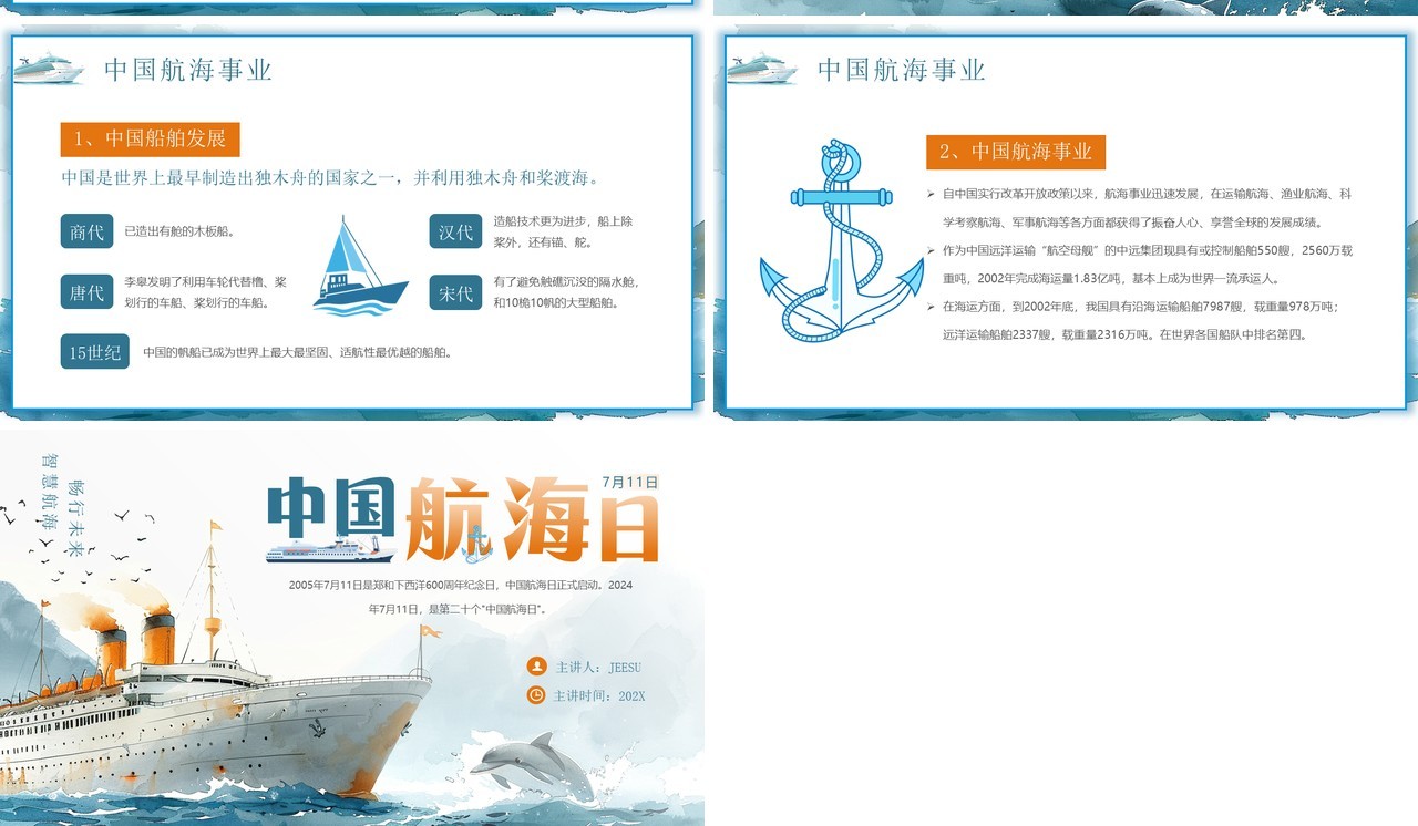 蓝色插画风中国航海日介绍PPT模板(1)