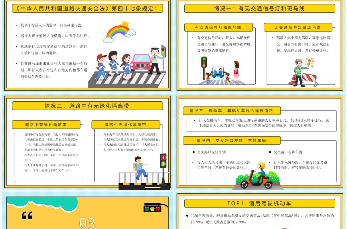 黄色卡通守法规知礼让安全文明出行PPT模板