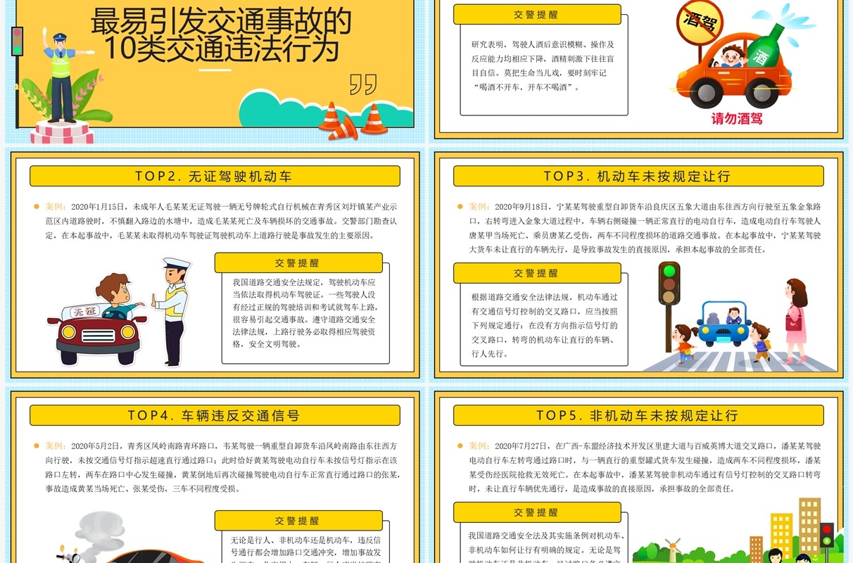 黄色卡通守法规知礼让安全文明出行PPT模板