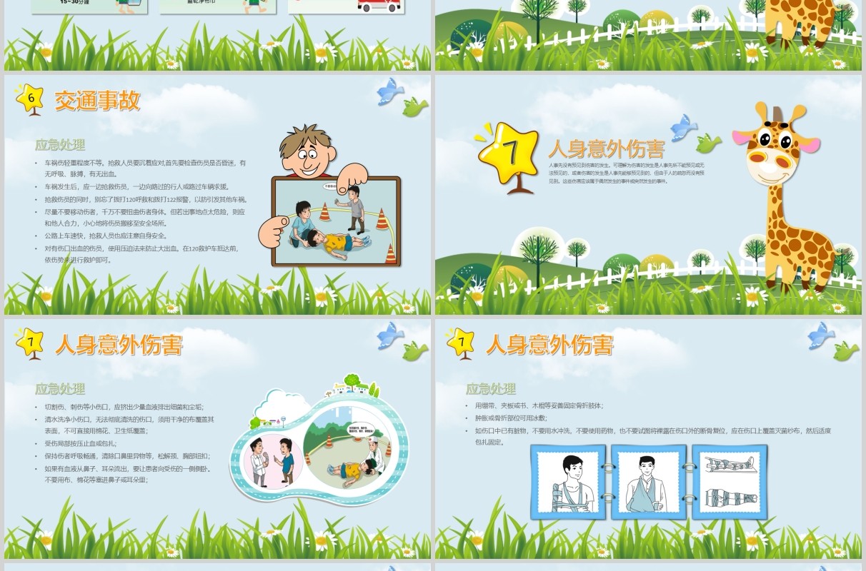 卡通绿色小学生常用急救知识课件PPT模板