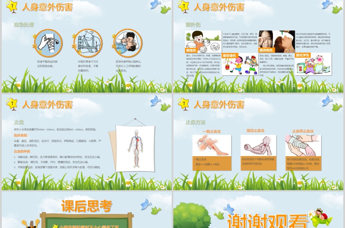 卡通绿色小学生常用急救知识课件PPT模板