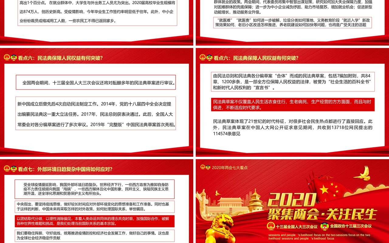 2020红色聚焦两会关注民生政府工作报告学习PPT模板