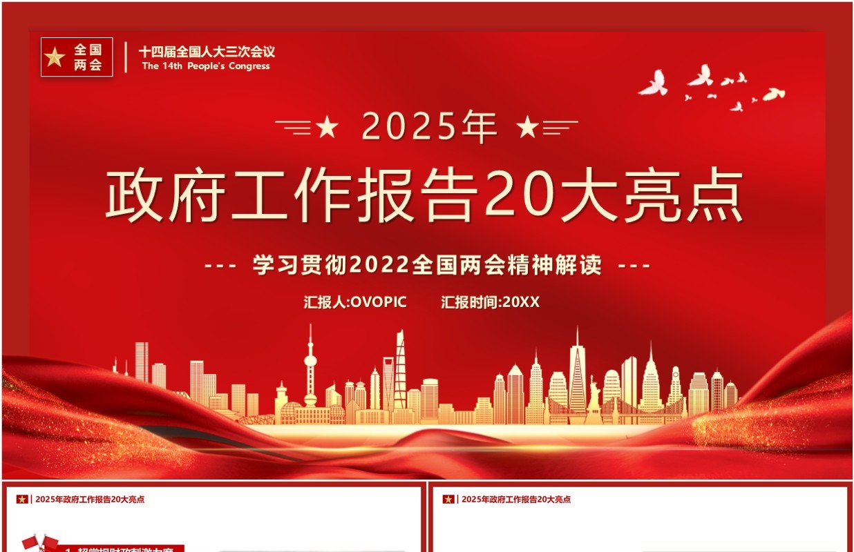 红色简约风2025政府工作报告20大亮点PPT模板
