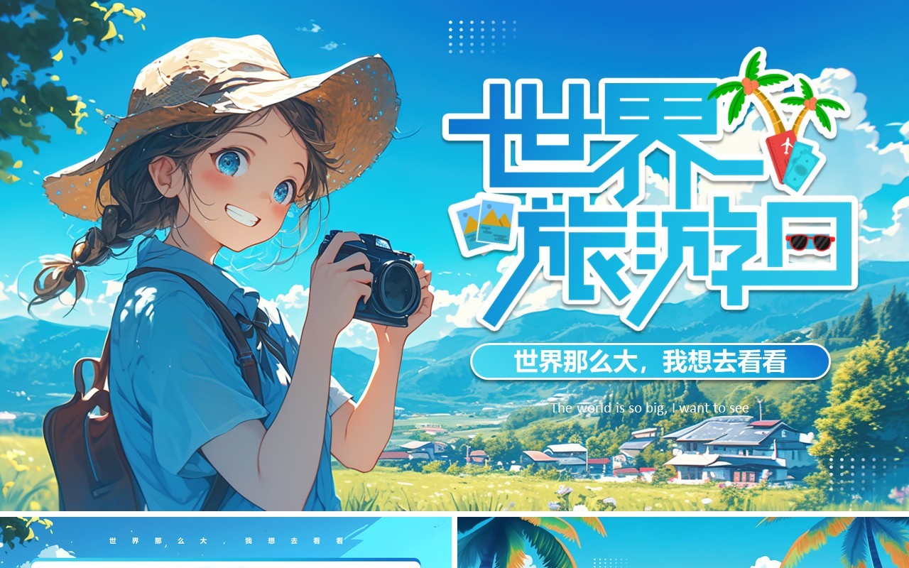 蓝色插画风世界旅游日PPT通用模板