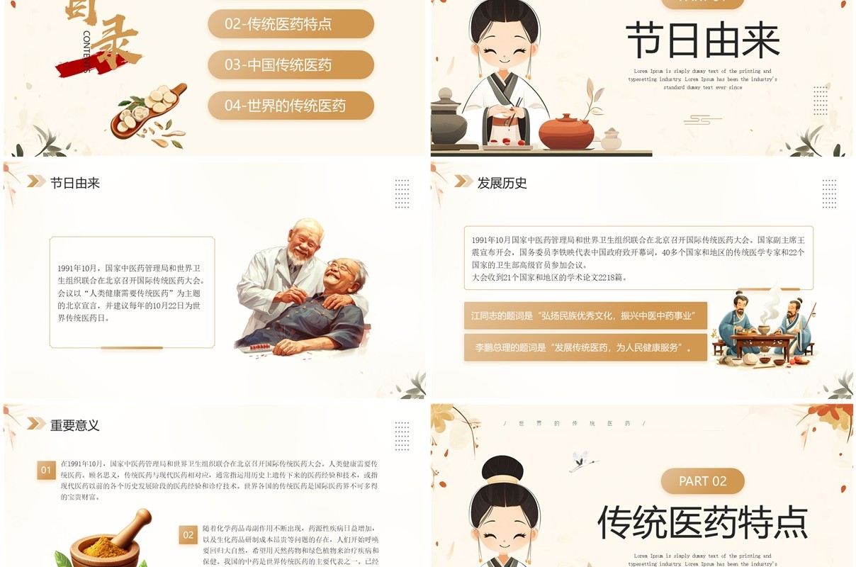 棕色简约中国风世界传统医药日PPT模板