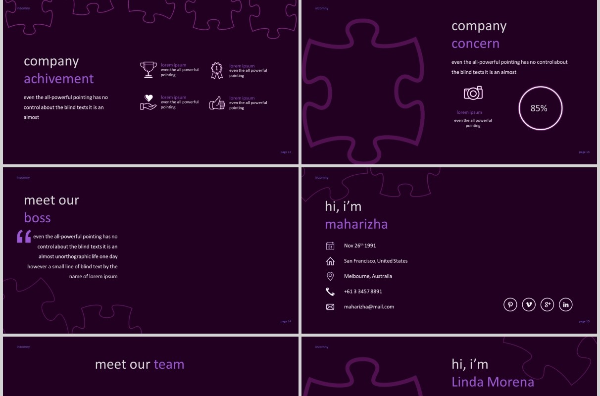 深色紫罗兰拼图版式商务通用PPT模板图片排版Inzomny  Powerpoint Template