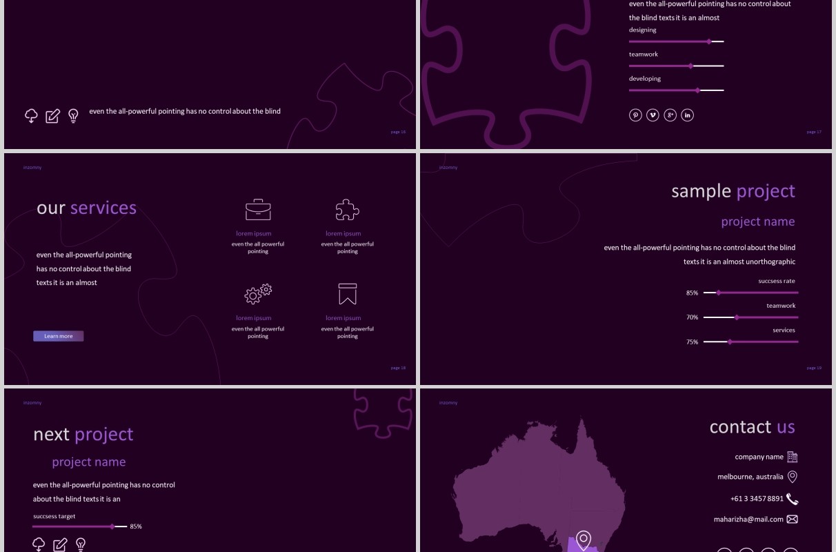 深色紫罗兰拼图版式商务通用PPT模板图片排版Inzomny  Powerpoint Template