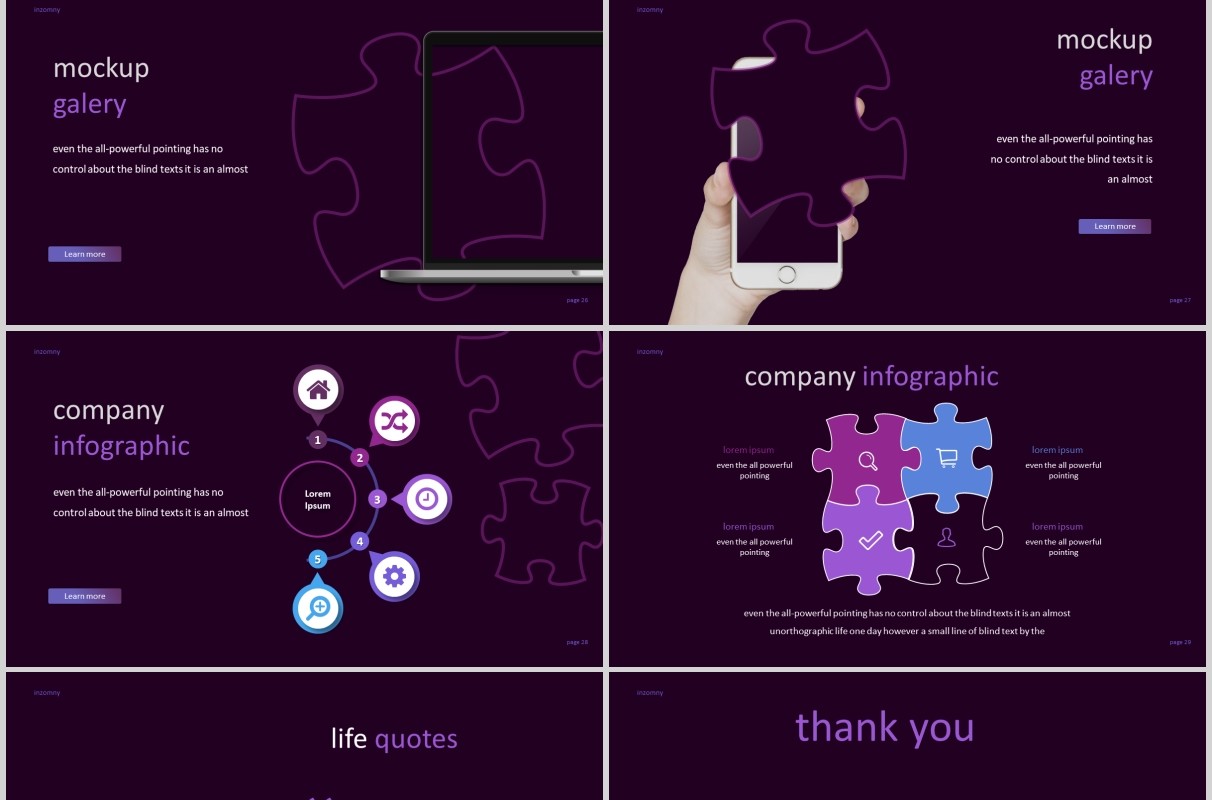 深色紫罗兰拼图版式商务通用PPT模板图片排版Inzomny  Powerpoint Template