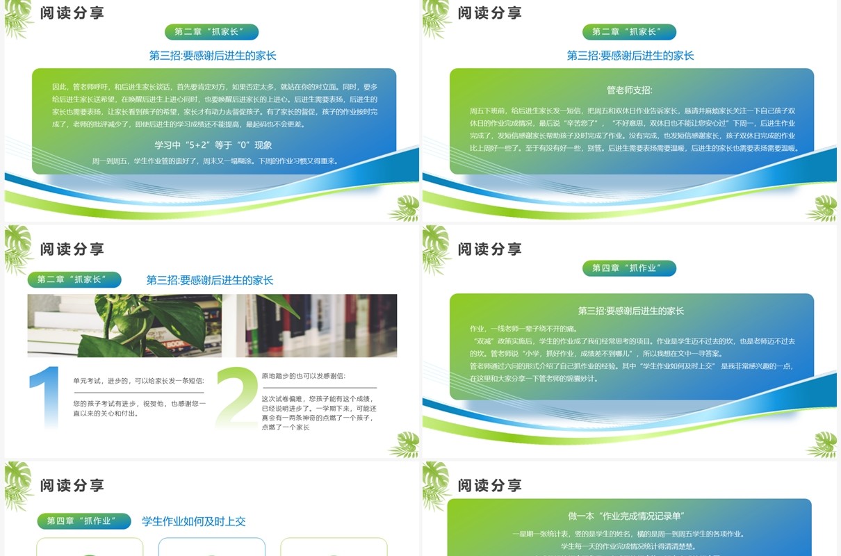 蓝绿色简约风一线带班教育教师读书分享PPT模板