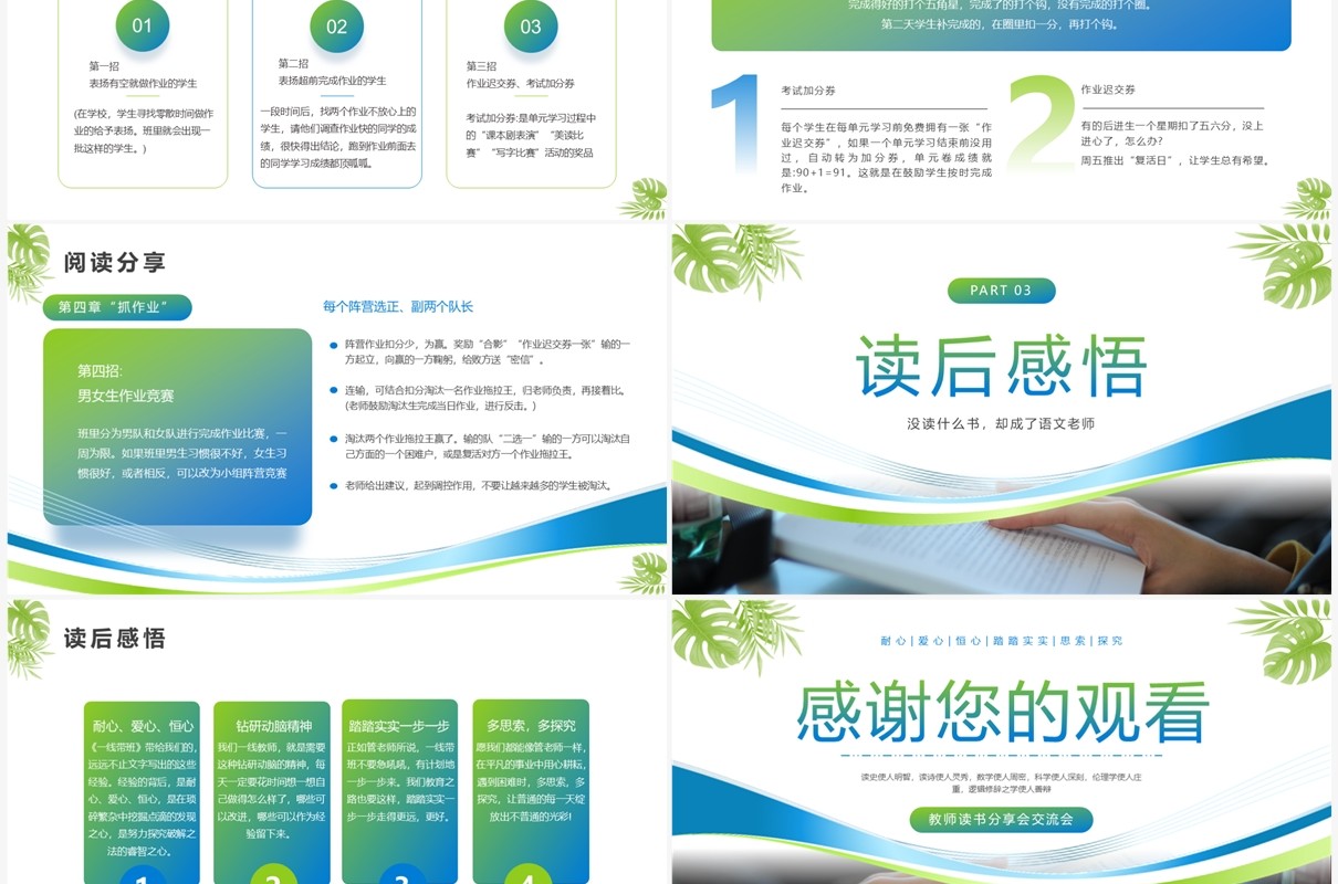 蓝绿色简约风一线带班教育教师读书分享PPT模板