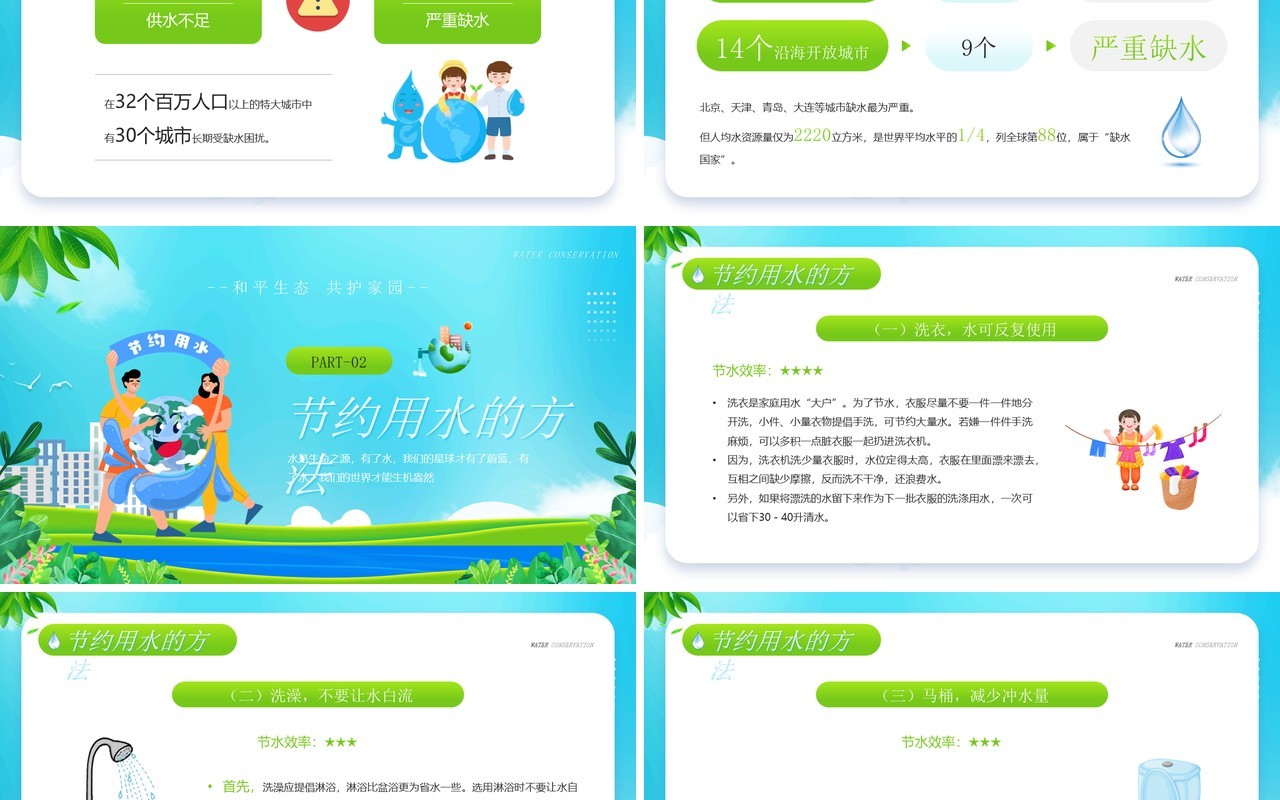 绿色卡通风节约用水从我开始主题班会PPT模板