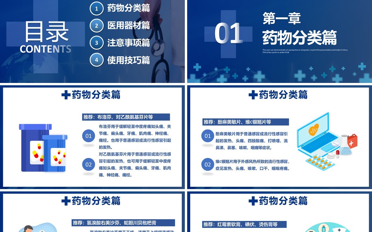 蓝色简约家用医药箱常用药物清单PPT模板