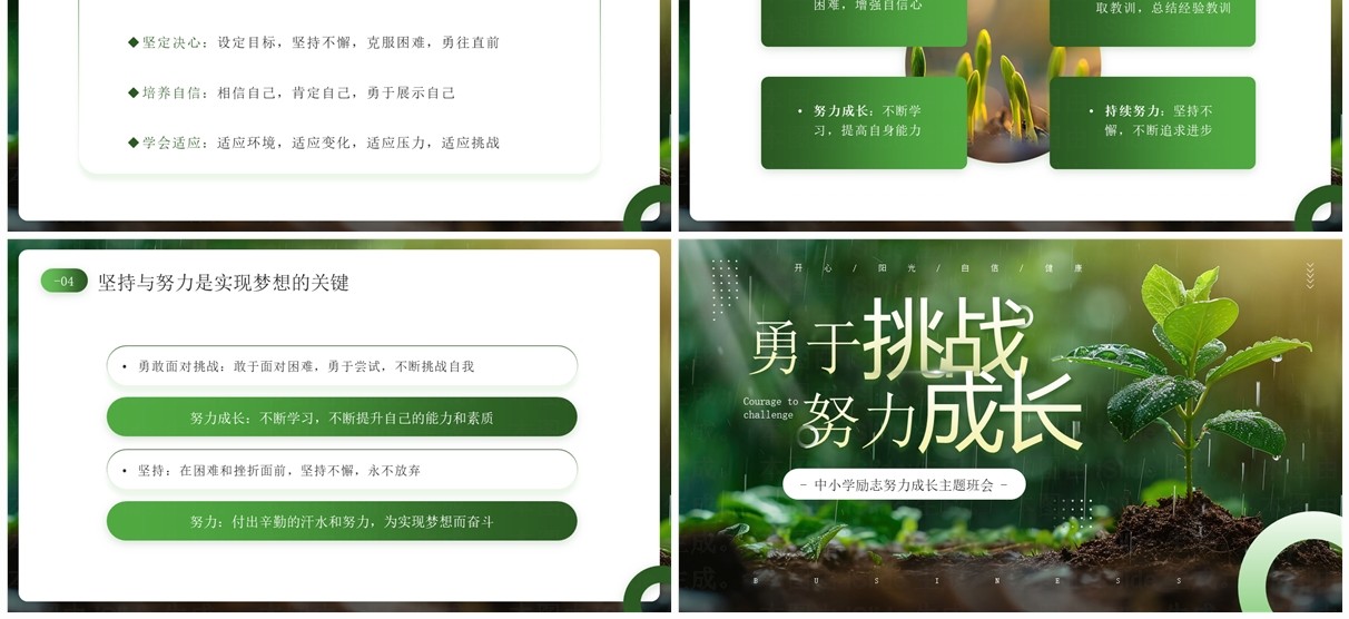 绿色简约风中小学励志主题班会PPT模板