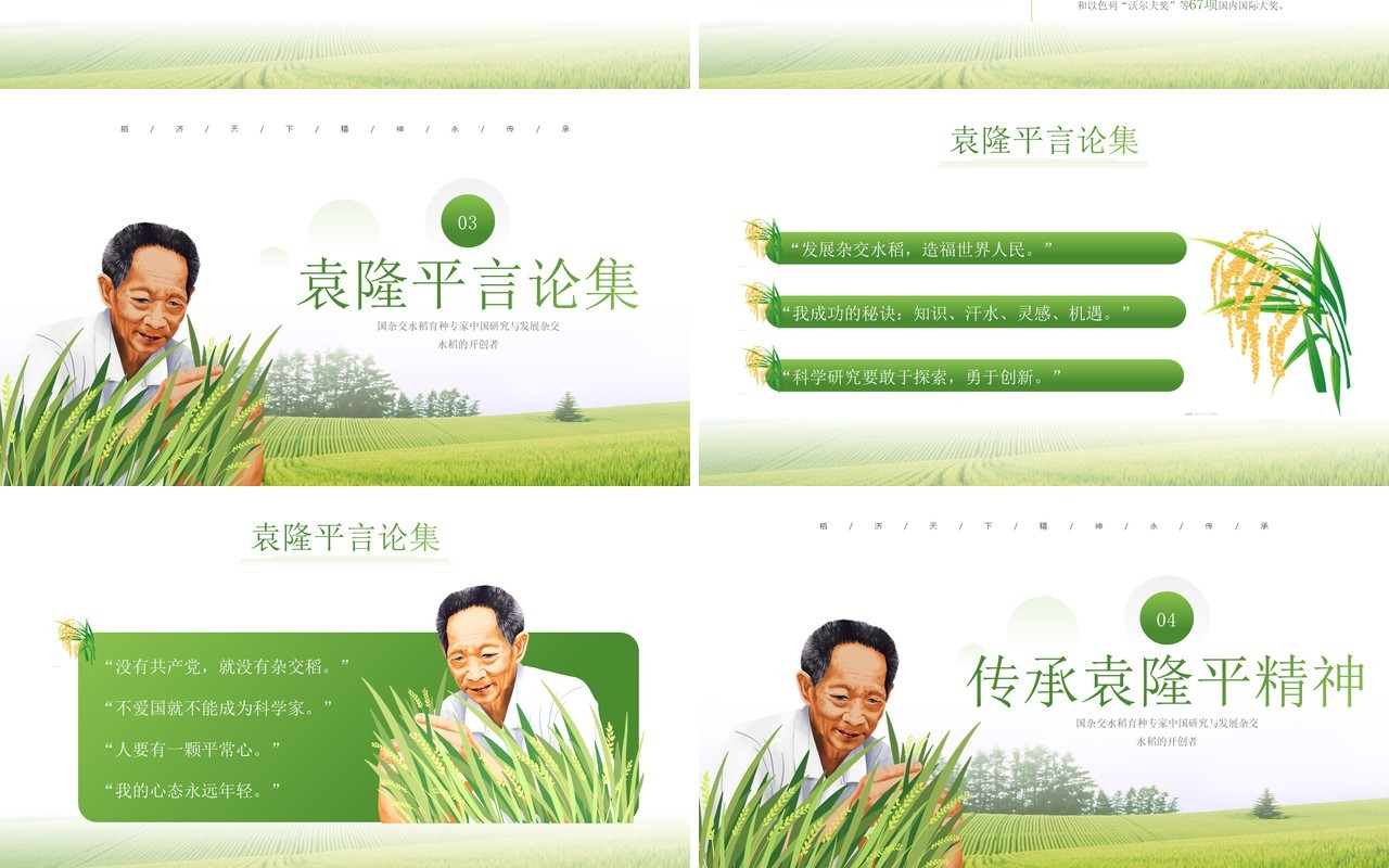 绿色简约风袁隆平院士生平介绍PPT模板
