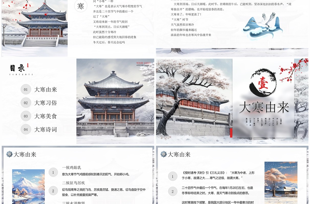 灰色插画风二十四节气大寒文化PPT模板