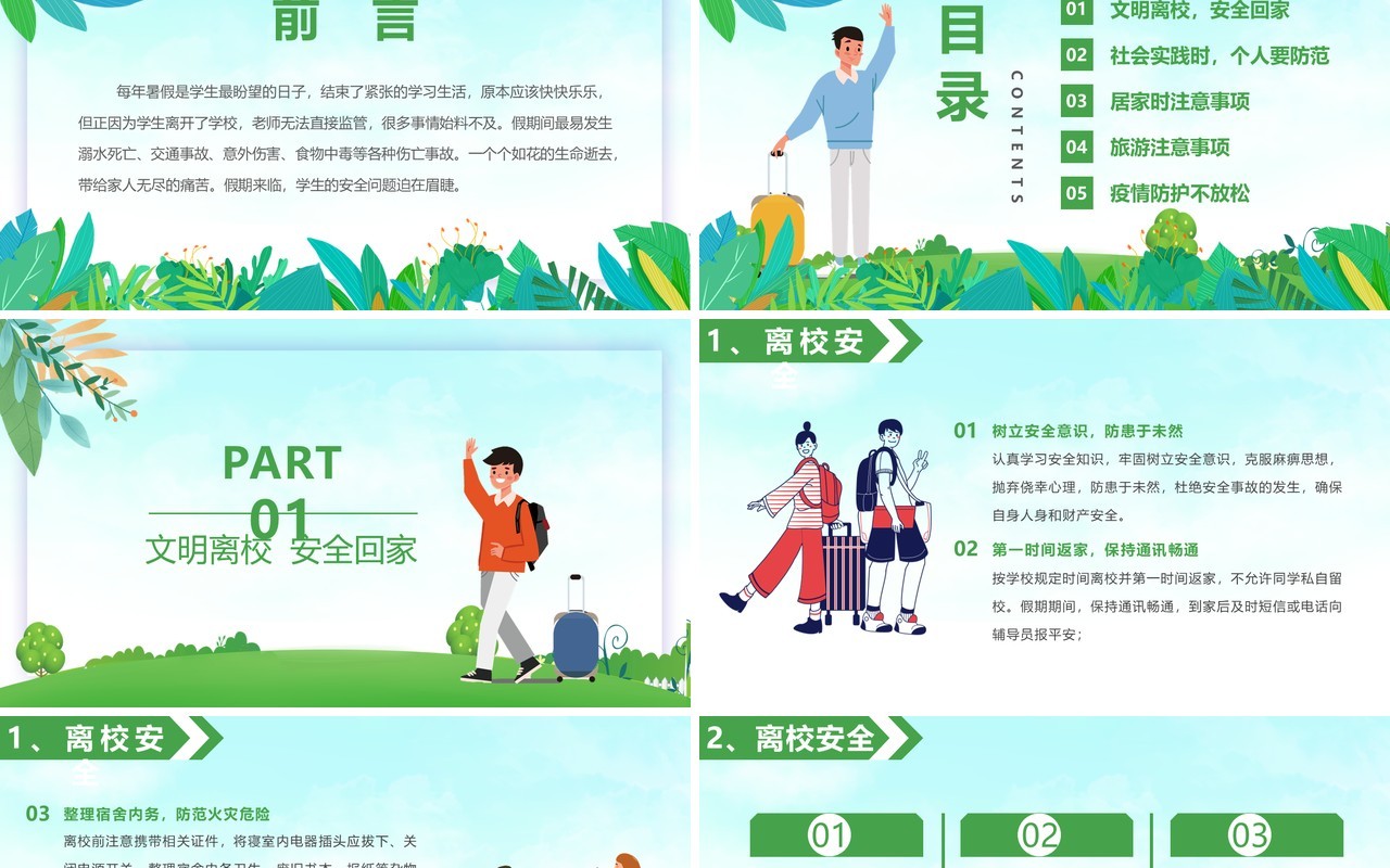 绿色卡通风大学生暑期安全指南教育动态PPT模板(1)