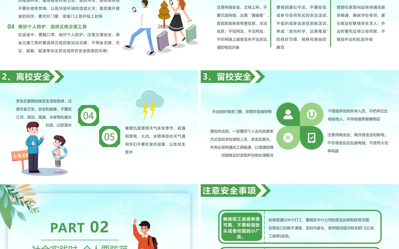 绿色卡通风大学生暑期安全指南教育动态PPT模板(1)