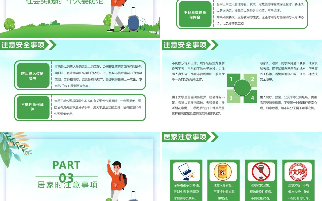 绿色卡通风大学生暑期安全指南教育动态PPT模板(1)
