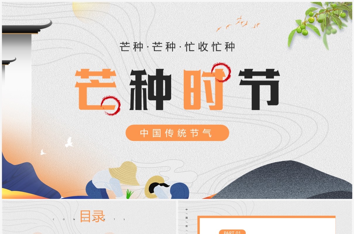 橙色中国风传统节气之芒种介绍PPT模板