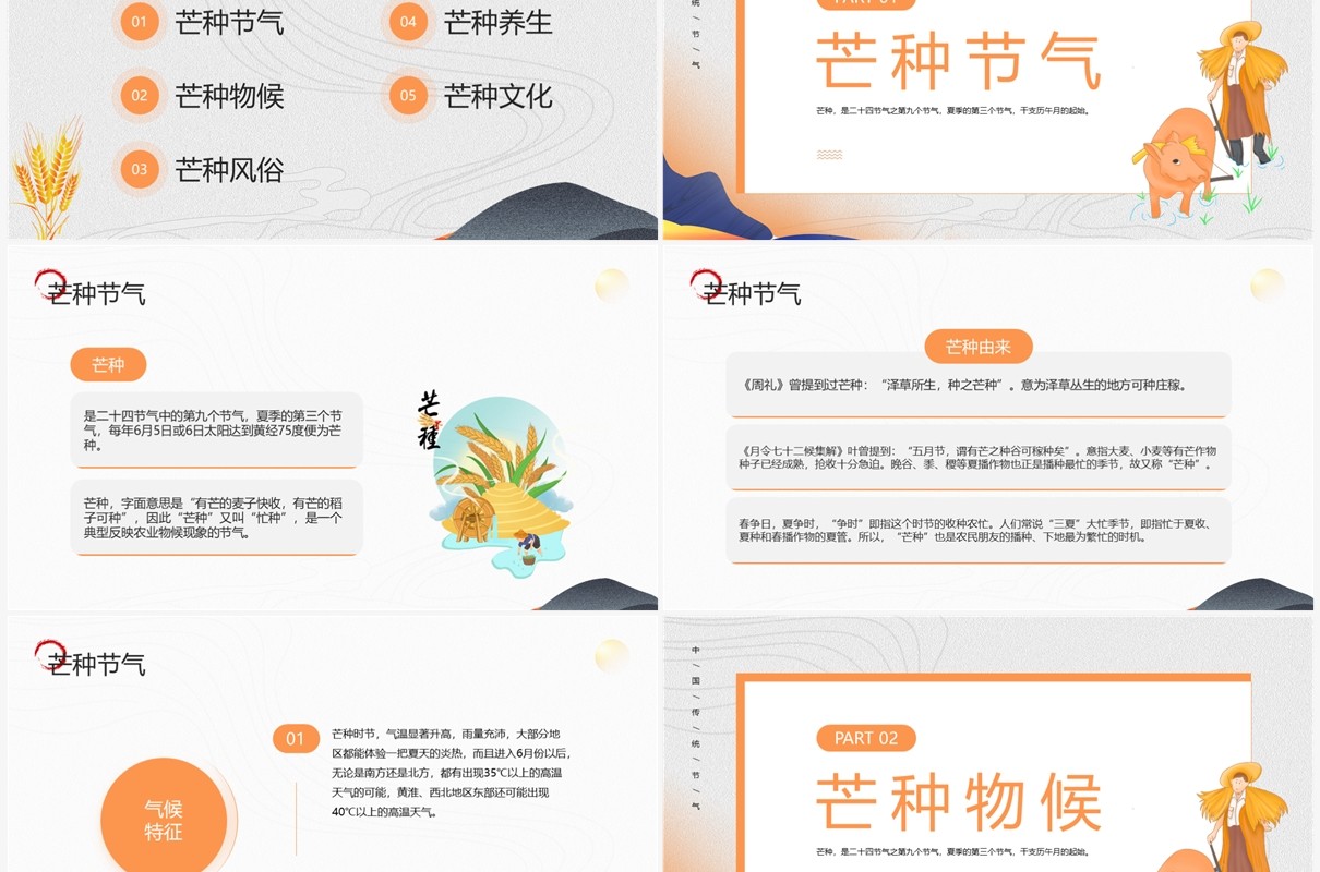 橙色中国风传统节气之芒种介绍PPT模板