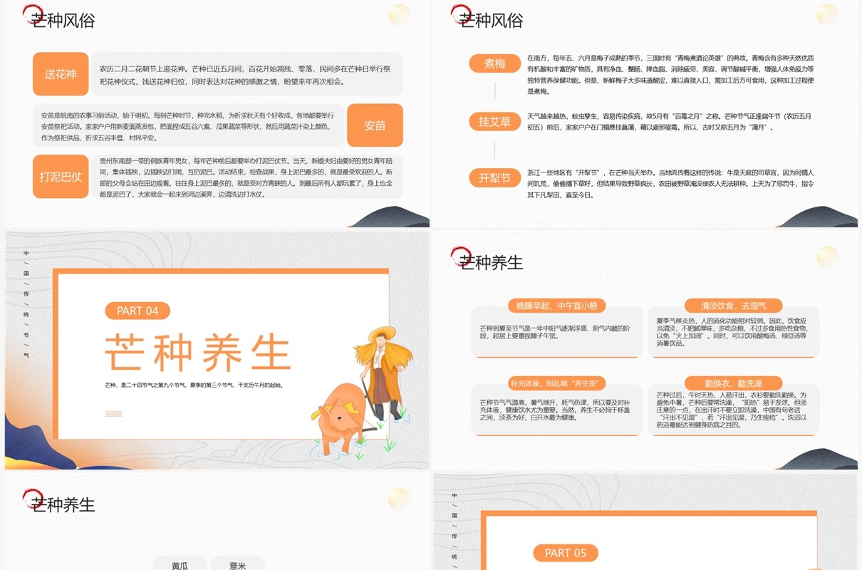 橙色中国风传统节气之芒种介绍PPT模板