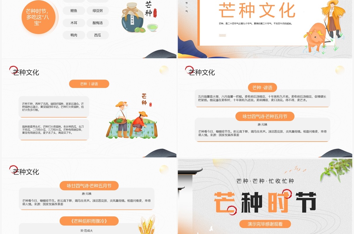 橙色中国风传统节气之芒种介绍PPT模板