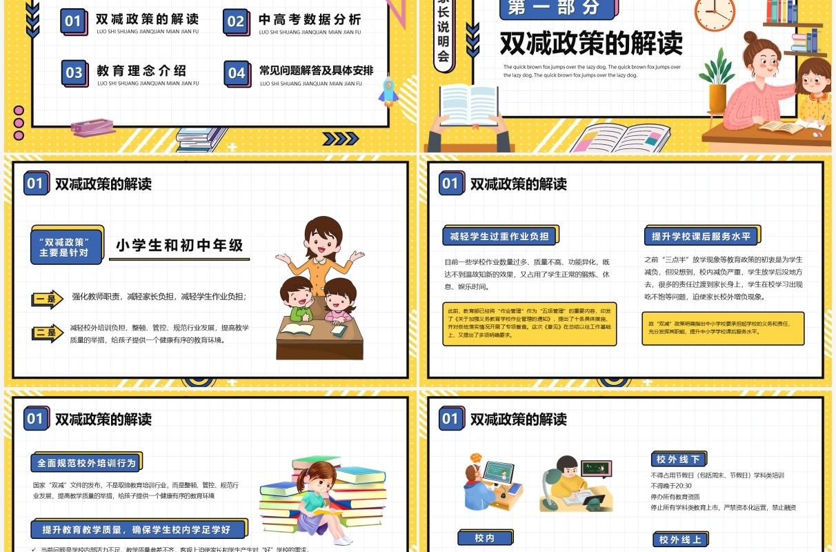 黄色孟菲斯双减政策家长说明会PPT模板
