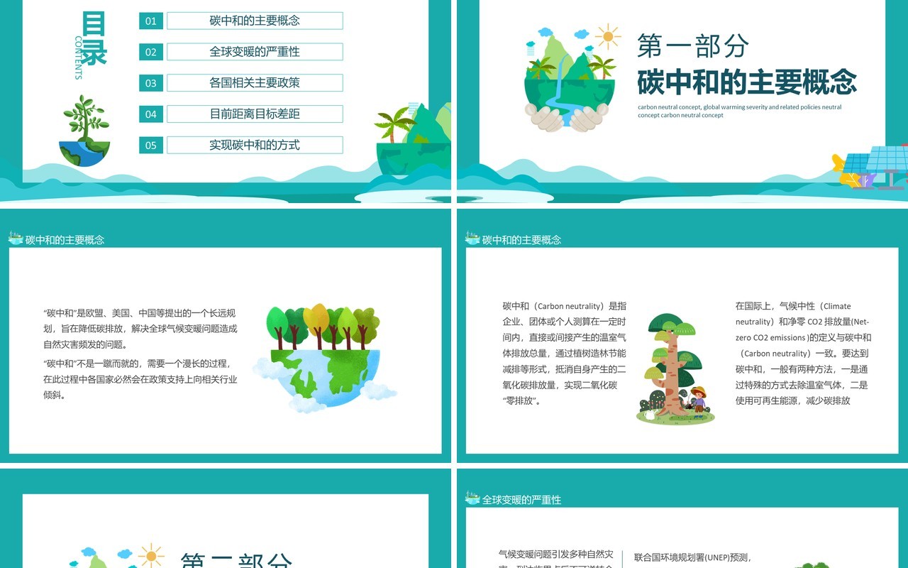 碳中和概念全球变暖严重性及相关政策动态PPT模板