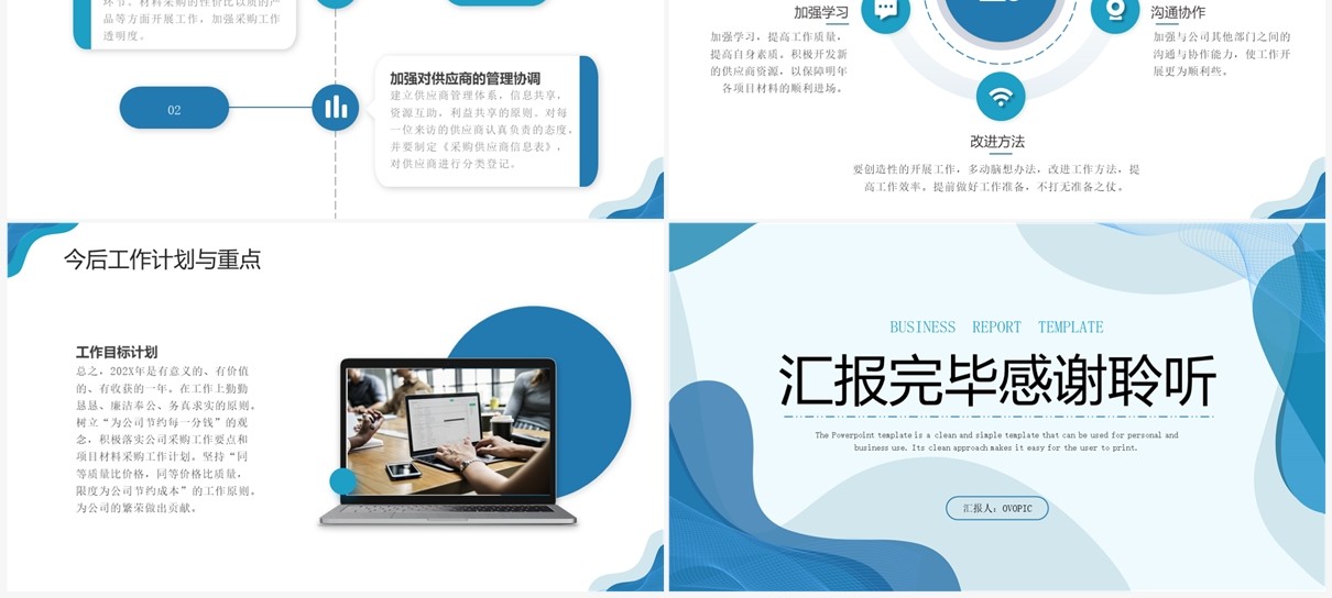 蓝色线条采购经理年终总结述职报告PPT模板