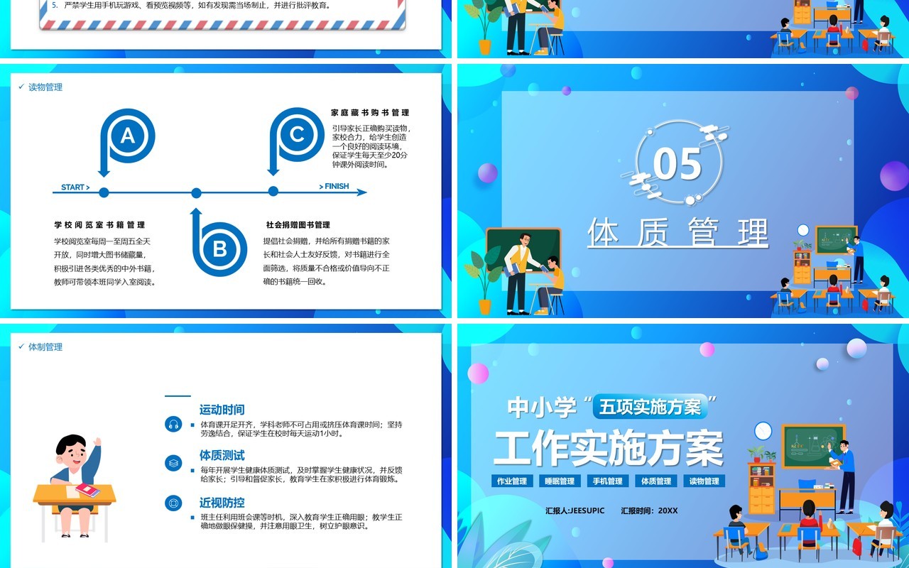 蓝色卡通中小学作业睡眠手机读物体质五项管理实施方案PPT模板
