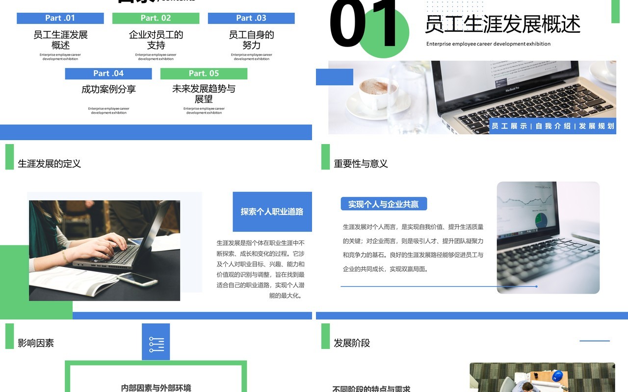 蓝绿色简约风企业员工生涯发展展示PPT模板