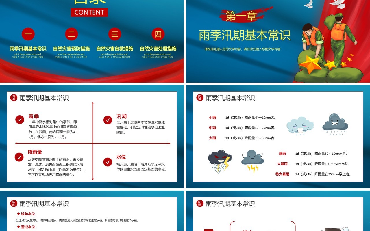 蓝色卡通风防洪防汛安全教育宣传PPT模版