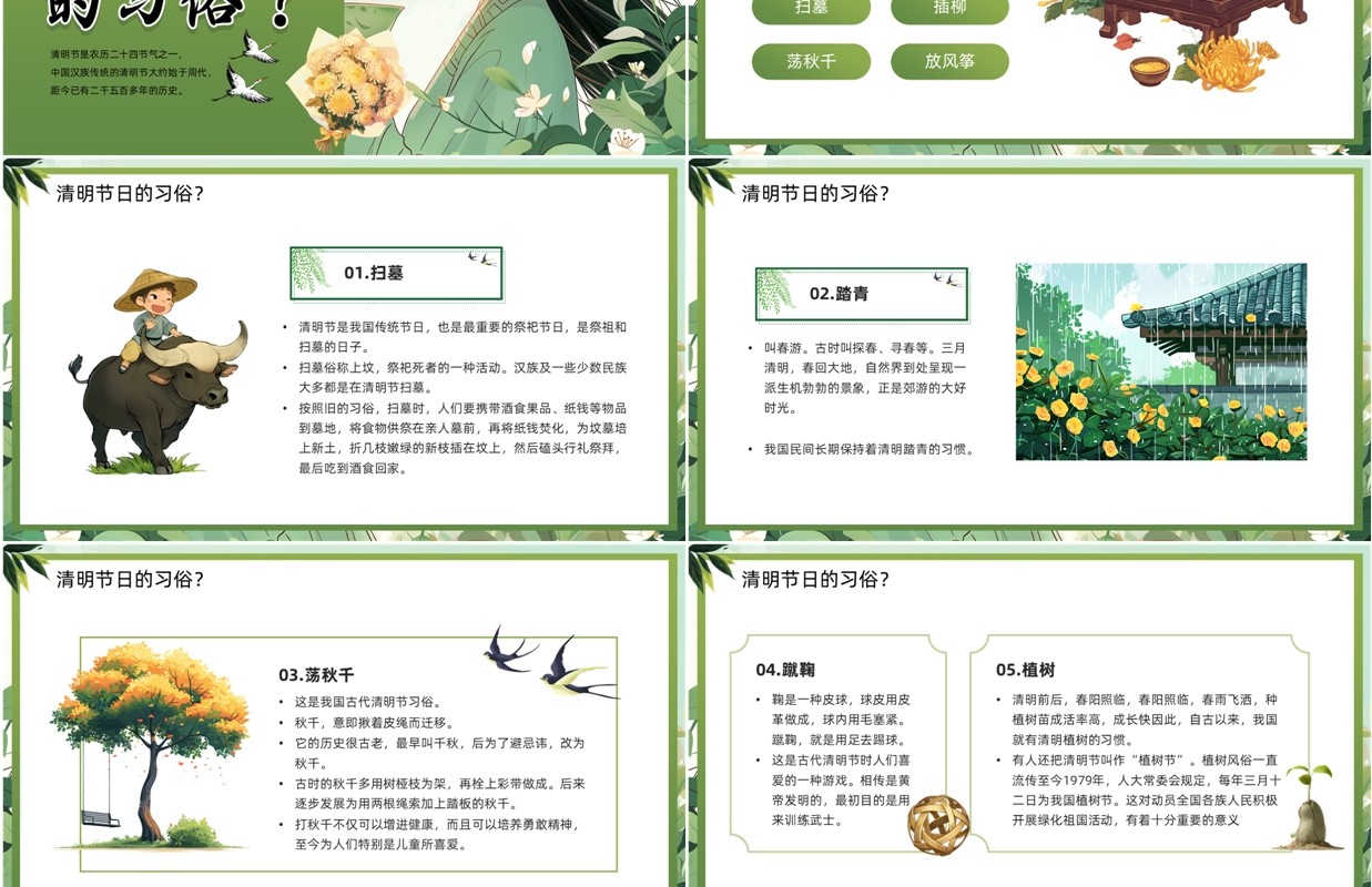 绿色插画风清明怀古主题班会PPT模板