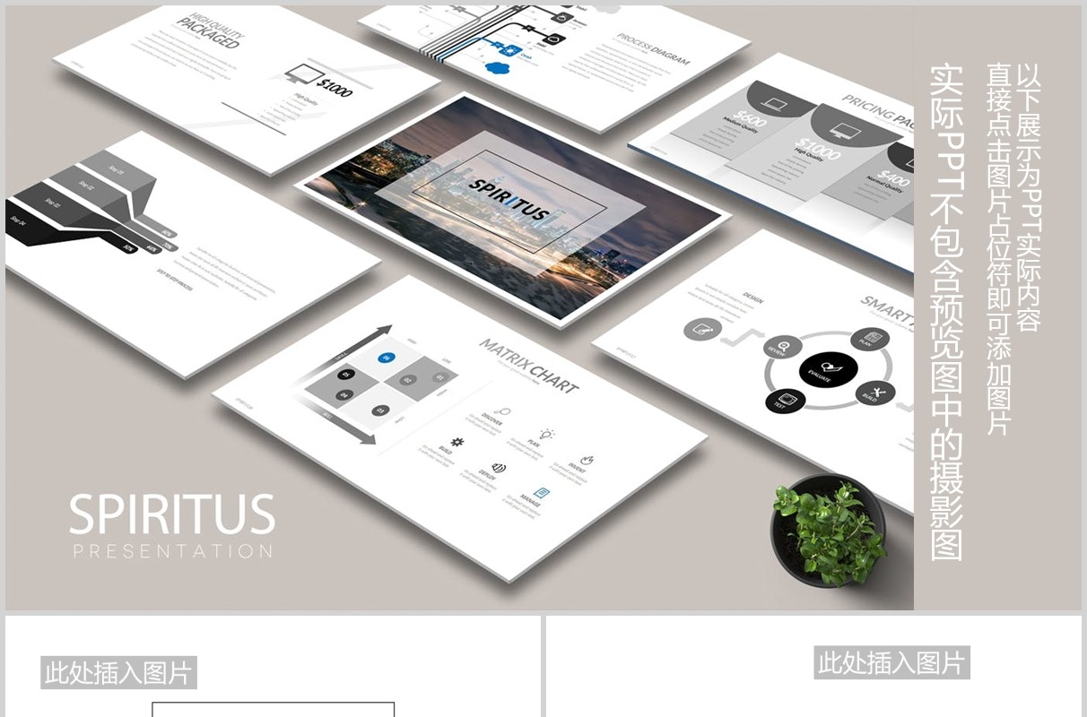 高端灰色简约公司宣传介绍图片排版设计PPT模板素材SPIRITUS Powerpoint