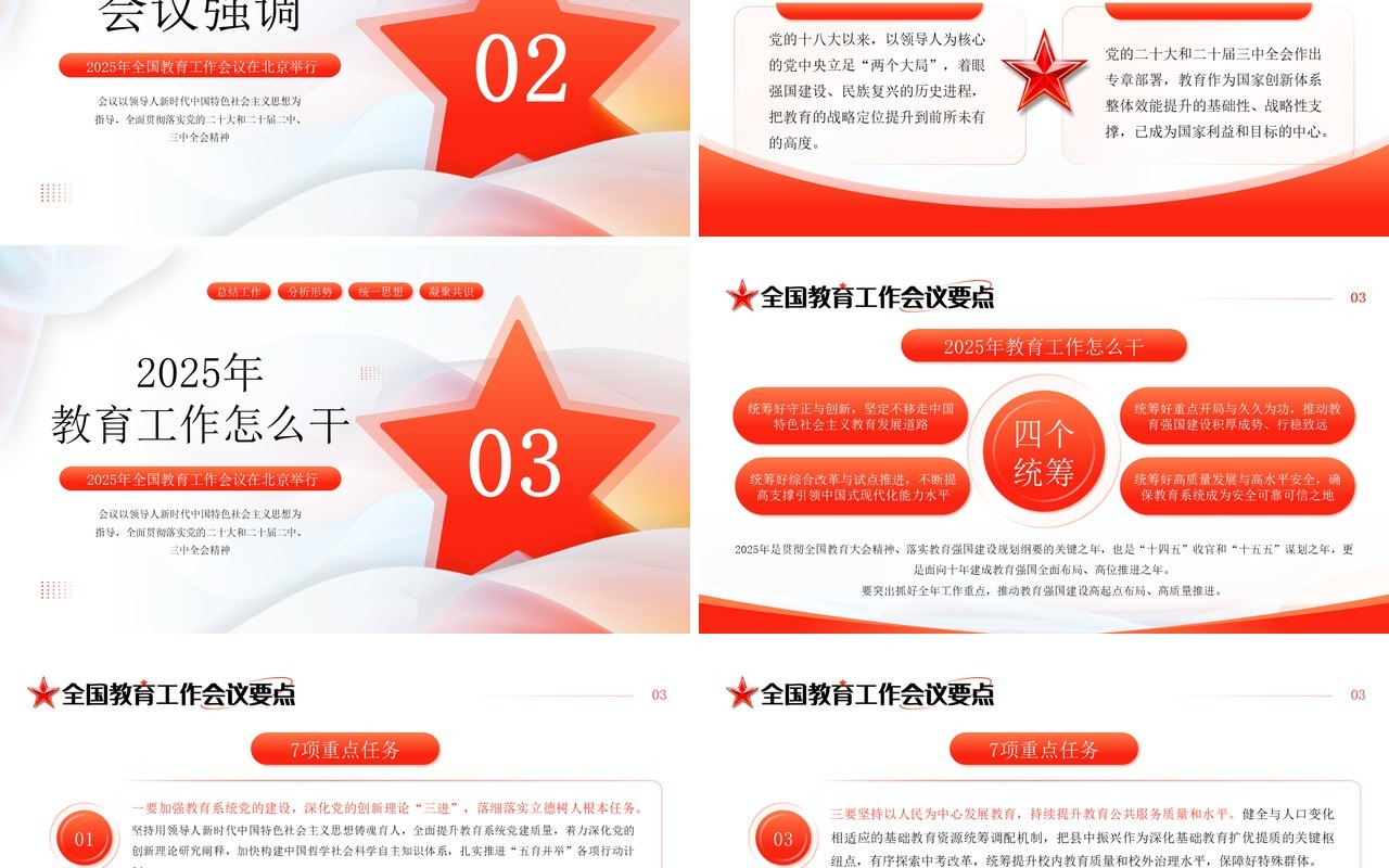 红色简约风全国教育工作会议重点PPT模板