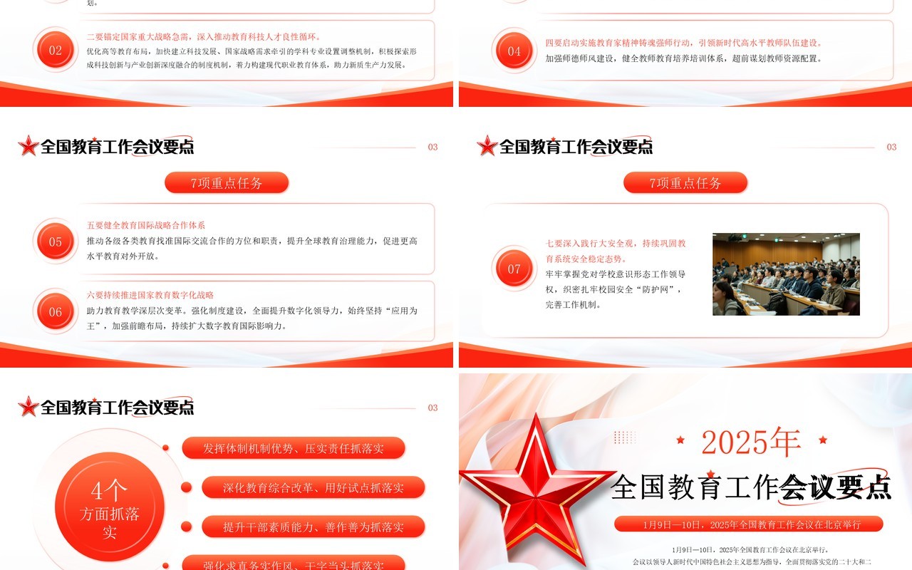 红色简约风全国教育工作会议重点PPT模板