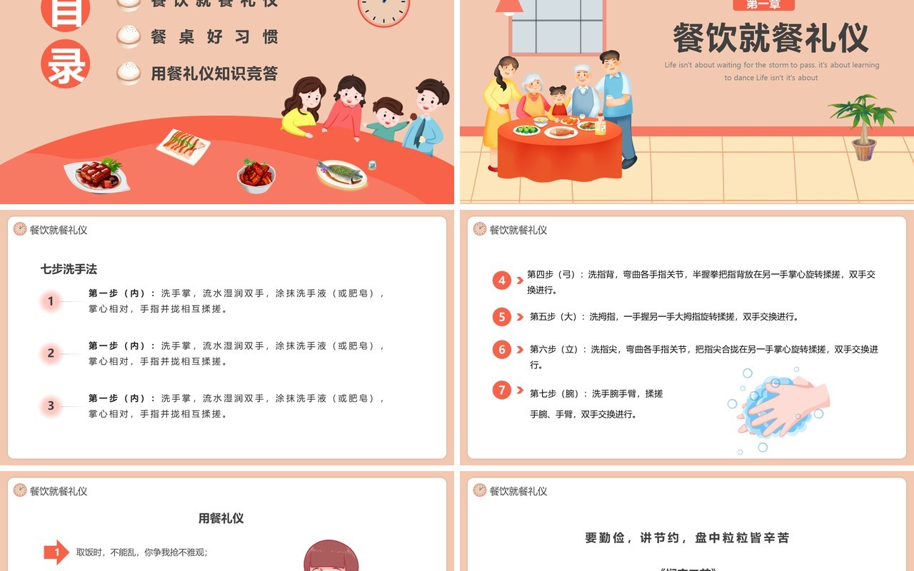 橙色卡通餐桌礼仪主题班会PPT模板