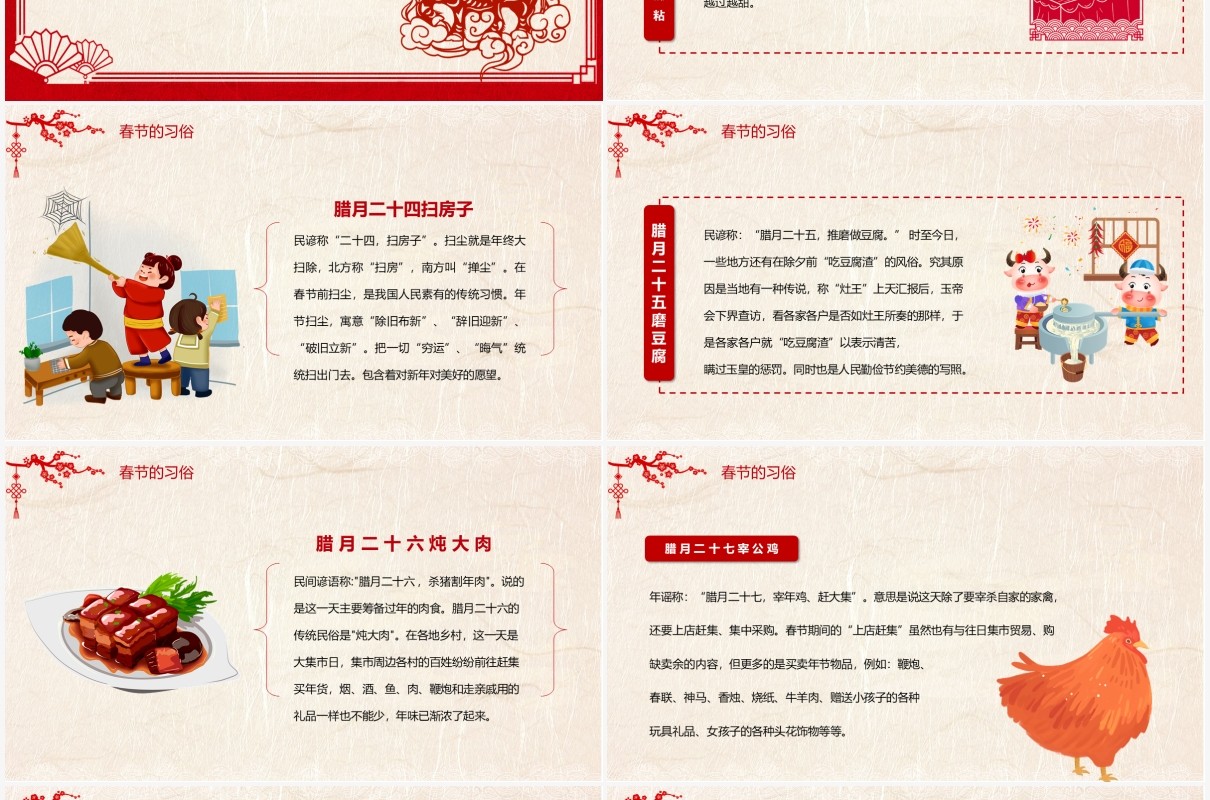 2021剪纸风春节习俗介绍PPT模板